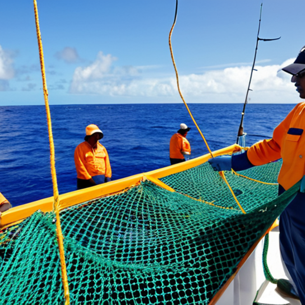 A group of professional Nauruan fishermen and fisherwomen, fully clothed in modest, practical work attire and safety gear, expertly managing nets on a modern, well-equipped fishing vessel in the vast, calm blue Pacific Ocean near Nauru. The scene captures the essence of a thriving, sustainable fishing industry, with a focus on responsible practices. The distant coastline of Nauru is visible. Natural light, professional photography style, vibrant colors, clear focus. safe for work, appropriate content, fully clothed, professional, perfect anatomy, correct proportions, natural pose, well-formed hands, proper finger count, natural body proportions.
