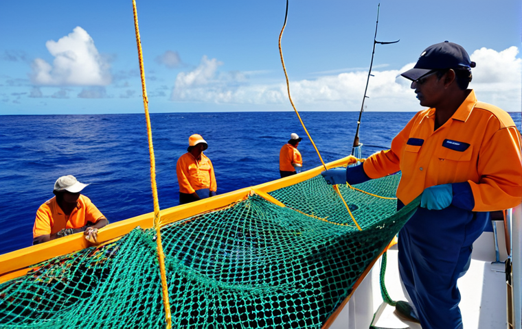 A group of professional Nauruan fishermen and fisherwomen, fully clothed in modest, practical work attire and safety gear, expertly managing nets on a modern, well-equipped fishing vessel in the vast, calm blue Pacific Ocean near Nauru. The scene captures the essence of a thriving, sustainable fishing industry, with a focus on responsible practices. The distant coastline of Nauru is visible. Natural light, professional photography style, vibrant colors, clear focus. safe for work, appropriate content, fully clothed, professional, perfect anatomy, correct proportions, natural pose, well-formed hands, proper finger count, natural body proportions.