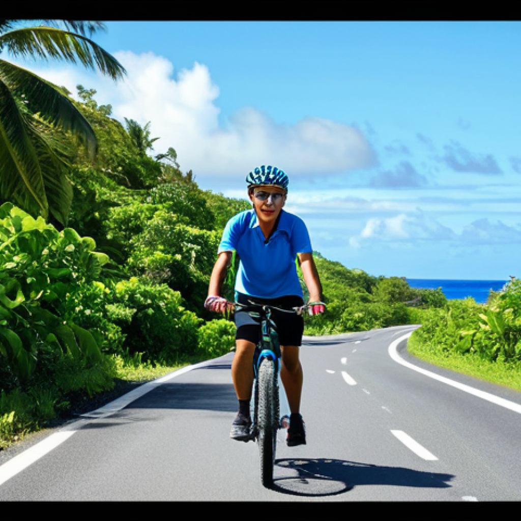 **

"A fully clothed cyclist wearing modest athletic wear, riding a mountain bike along a coastal road in Nauru, with the Pacific Ocean visible in the background, clear blue skies, lush tropical vegetation, appropriate attire, safe for work, perfect anatomy, natural proportions, professional photography, high quality, family-friendly"

**