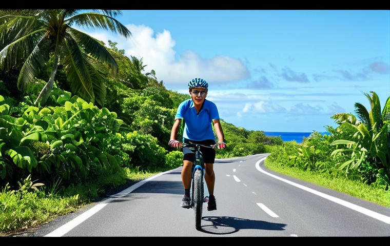 **

"A fully clothed cyclist wearing modest athletic wear, riding a mountain bike along a coastal road in Nauru, with the Pacific Ocean visible in the background, clear blue skies, lush tropical vegetation, appropriate attire, safe for work, perfect anatomy, natural proportions, professional photography, high quality, family-friendly"

**