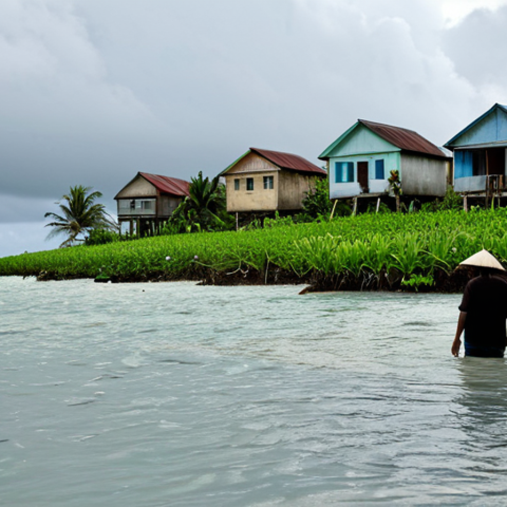 **

"A Nauruan village coastline with houses partially submerged by ocean water, fully clothed villagers wading through the water, showing concern and determination. Salt-tolerant plants in the foreground. Overcast sky. Safe for work, appropriate content, modest clothing, environmental awareness, perfect anatomy, correct proportions, natural pose, documentary photography, high quality."

**
