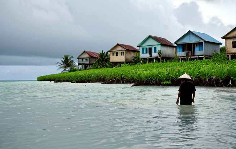 **

"A Nauruan village coastline with houses partially submerged by ocean water, fully clothed villagers wading through the water, showing concern and determination. Salt-tolerant plants in the foreground. Overcast sky. Safe for work, appropriate content, modest clothing, environmental awareness, perfect anatomy, correct proportions, natural pose, documentary photography, high quality."

**