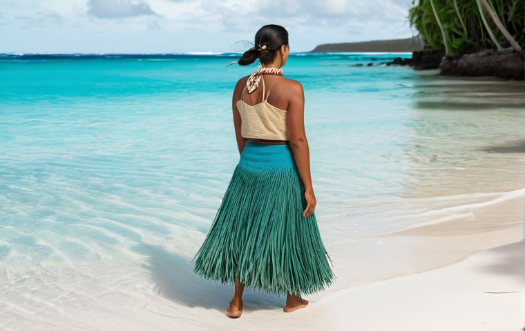 나우루 전통 의상 - **"A Nauruan woman gracefully stands by the clear turquoise ocean, collecting pandanus leaves. She w...