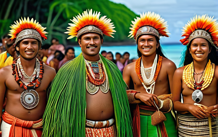 나우루 전통 의상 - **"A Nauruan woman gracefully stands by the clear turquoise ocean, collecting pandanus leaves. She w...