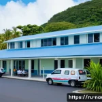 Home 19 나우루 병원과 약국 정보 - A compact government hospital on Nauru island set in a tropical environment, showing a modest, singl...