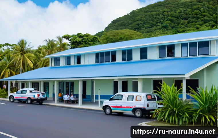나우루 병원과 약국 정보 - A compact government hospital on Nauru island set in a tropical environment, showing a modest, singl...