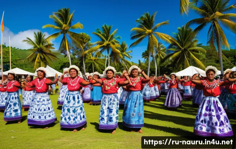 나우루 인구 및 민족 구성 - A vibrant traditional Nauruan community festival scene, featuring families dressed in colorful islan...