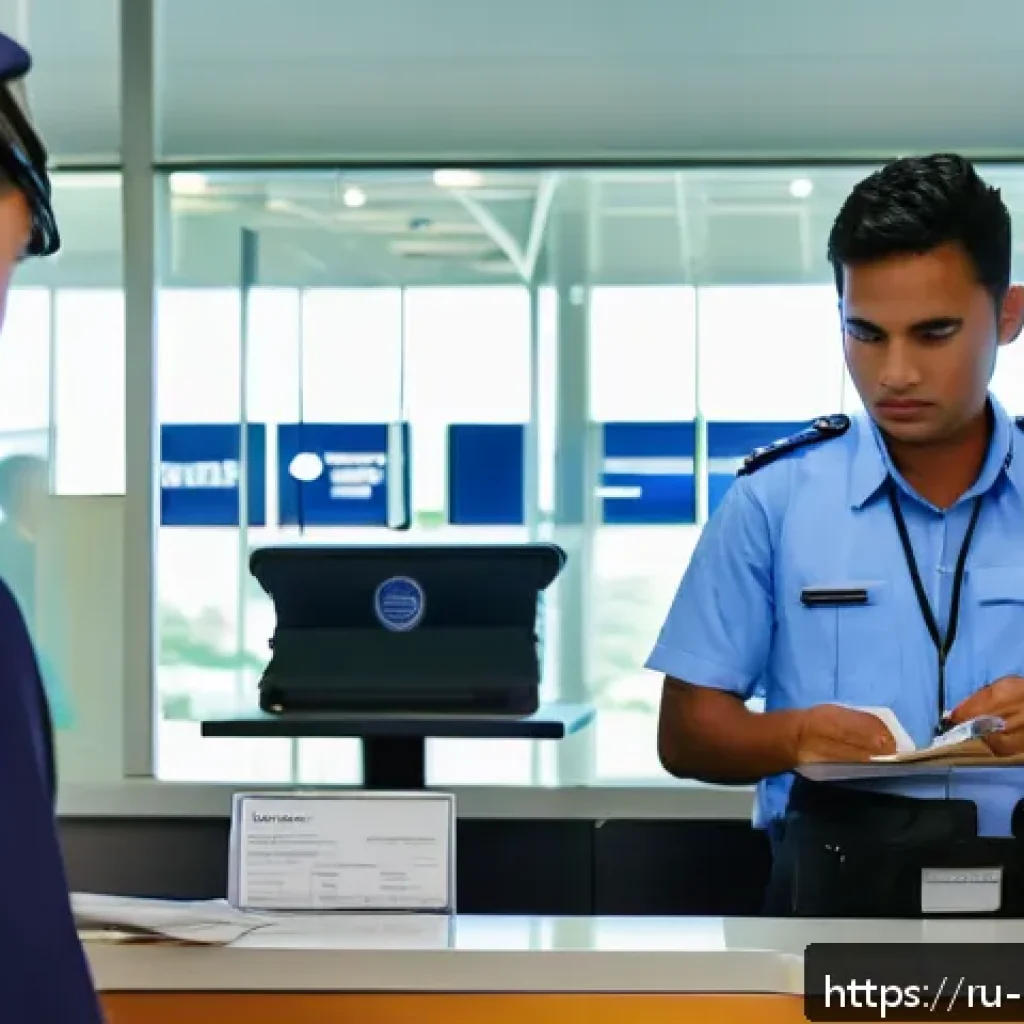 나우루 입국 절차 - A detailed scene of an international traveler at Nauru’s passport control desk inside a small, moder...