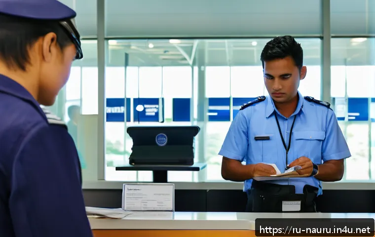 나우루 입국 절차 - A detailed scene of an international traveler at Nauru’s passport control desk inside a small, moder...