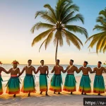 Home 23 나우루 역사 탐방 - A vibrant traditional Nauruan dance ceremony on a sandy beach at sunset, featuring men and women dre...