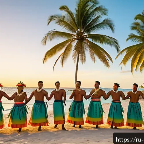 Home 17 나우루 역사 탐방 - A vibrant traditional Nauruan dance ceremony on a sandy beach at sunset, featuring men and women dre...