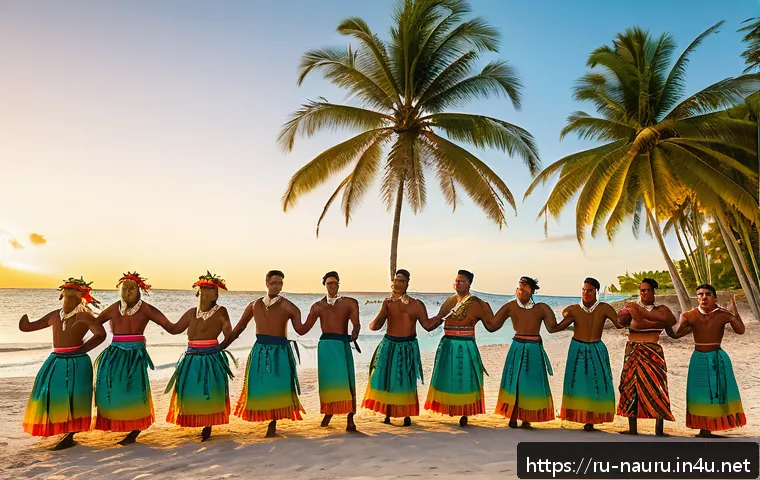 나우루 역사 탐방 - A vibrant traditional Nauruan dance ceremony on a sandy beach at sunset, featuring men and women dre...