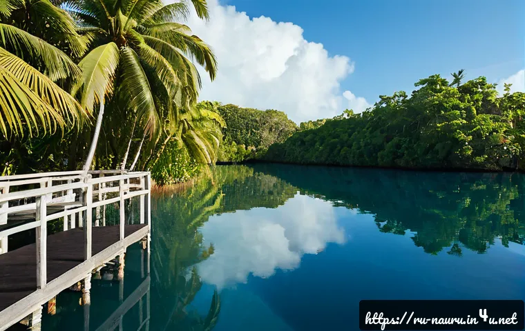 나우루 주요 관광지 - Photorealistic wide landscape of Buada Lagoon in Nauru, calm freshwater lagoon surrounded by dense t...